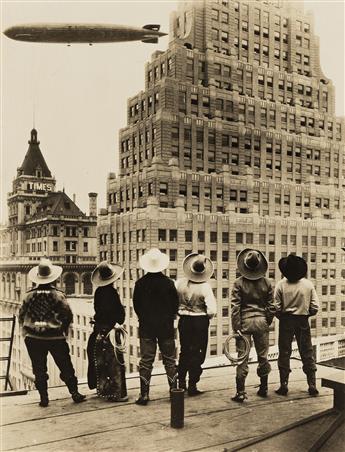 (DIRIGIBLES IN NEW YORK CITY) A selection of 17 photographs of dirigibles in the NYC skies over Manhattan. 1920s-40.